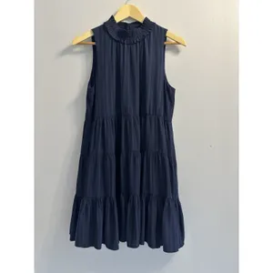 GLAM Navy Blue Tiered Mock Neck Mini Dress Sleeveless Ruffle Babydoll Size M thumbnail 2