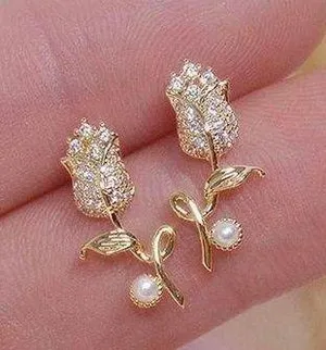 Women's Rose Flower Gold Stud Earrings thumbnail 2