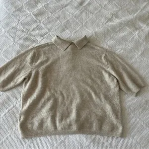 H&M Sweater Short Sleeve Collar Embellished Buttons Beige Size Medium VGUC thumbnail 2