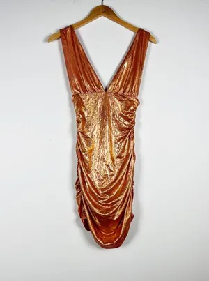 Superdown Kerrie Deep V Neck Metallic Holographic Orange Sparkle Ruched Dress XS thumbnail 1
