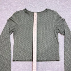 Aerie Womens Olive Green Textured Long Sleeve Crop Top Size Medium Crew Neck EUC thumbnail 7