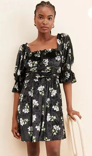 Hutch Black Velvet Floral Ruched Square Neck Mini Dress Size M Whimsigoth thumbnail 1