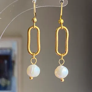 Handmade gold tone stainless steel natural shell pearls chic fairy boho vintage style dangle earrings💖 thumbnail 2