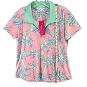 Ana Clare Active Mer Top Pink Paradise Palm Print UPF 50 Golf Polo Shirt‎ Size L thumbnail 7