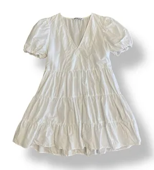 Zara Women’s White Puff Sleeve Tiered Ruffle‎ Mini Dress Size XS Preppy thumbnail 1