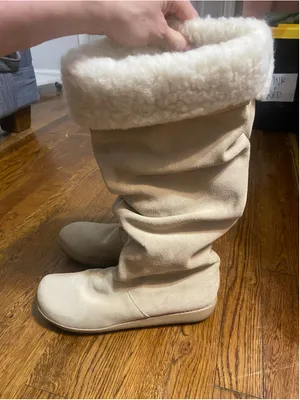 Vintage Liz Claiborne Leather Boots Slouch Knee High Cream Faux Fur Y2K Indie 10 thumbnail 4