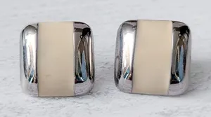 Vintage Stud Earrings Silver Tone & Cream Enamel Square thumbnail 1