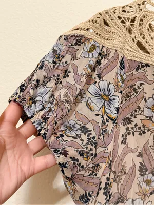 Free People Margot babydoll mini dress, bohemian printed crochet detail sz M thumbnail 7