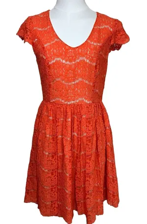 Kensie Lace Fit and Flare Dress Womens Small‎ Orange V-Neck Cap Sleeve Mini thumbnail 1