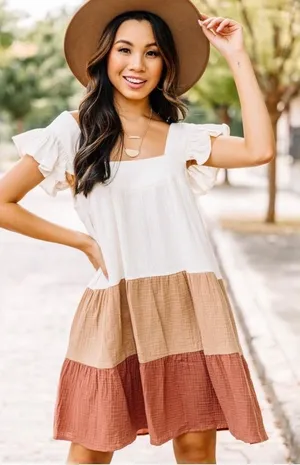 Entro Women Babydoll Cotton Gauze colorblock Pockets Tiered Mini Dress S Cottage thumbnail 1