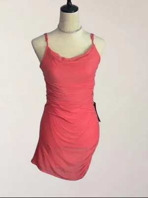 Bebe Coral Ruched Power Mesh Bodycon Mini Dress Size M Made in USA thumbnail 2