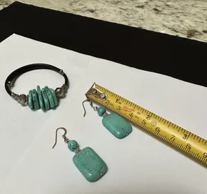 Pretty Set - Turquoise Blue Color Silver Tone Bracelet / Pierced Dangle Earrings thumbnail 5