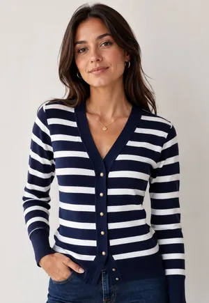 Ounce Navy White Striped Cardigan Sweater Medium Coastal Preppy thumbnail 1