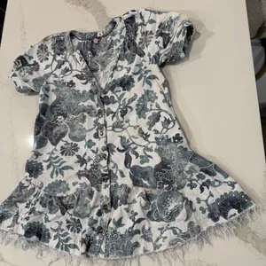 Anthropologie Pilcro Linen Blend Puff Sleeve Tunic Dress Womens Small White/Blue thumbnail 6