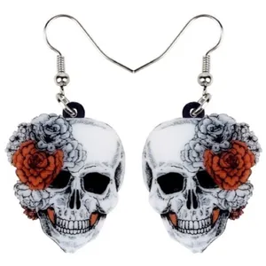 Skull Rose Flower Earrings Gray thumbnail 1