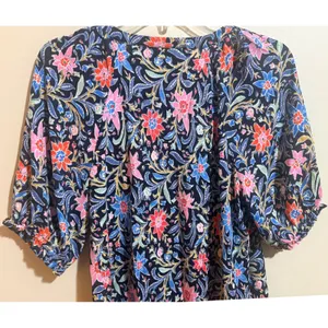 LOFT Floral Blouse Womens Medium Navy Blue‎ Pink Excellent Ruffle Sleeve Top thumbnail 7