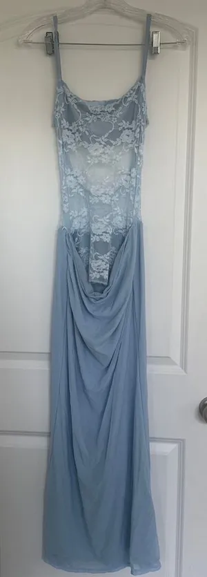 SHEIN Baby Blue Lace Mesh Cowl Neck Draped Maxi Dress thumbnail 1