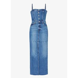 Reformation Tazz Maxi Denim Dress 0 Blue Button Front Slit Spaghetti Strap‎ Raw thumbnail 3
