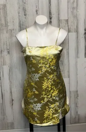 Forever 21 Yellow Gold Satin Brocade Mini Dress Womens Size Medium M Floral Slip thumbnail 1