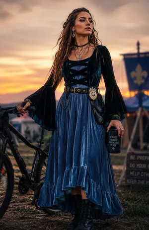Velvet Renaissance Corset Midi Dress Bell Sleeve Cottagecore Fairy Goth Sz S/M thumbnail 1