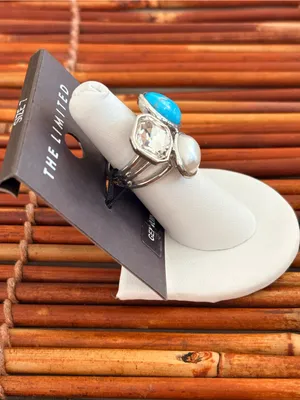 The Limited Silver-tone Trio Ring Turquoise, Pearl & Clear Stone Size 6.75 NWT thumbnail 4