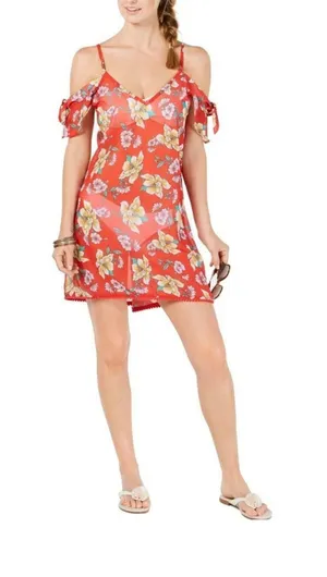 MIKEN Swim Cover-Up Dress 1X Poppy Red Citrus Floral Tie Straps Sheer‎ thumbnail 1