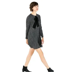 Zara‎ Dress Women Medium Black Ivory Star Print Bow Neckline Long Sleeve Mini thumbnail 2