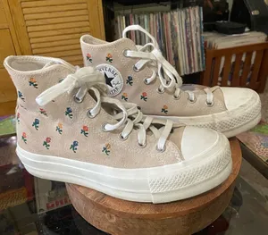 Converse Beige/Pink Floral High-Top Platform Sneakers thumbnail 1