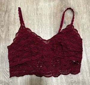 Women's Burgundy Scalloped Smocked Back Adjustable Lace Bralette, Size S thumbnail 1