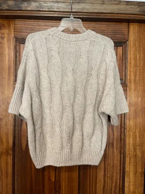 Beige Cable Knit Short-Sleeve Sweater M/L thumbnail 3