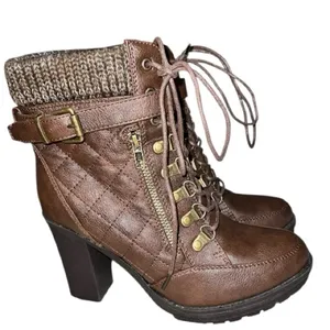 Brown Quilted lace up and zip Ankle Boots thumbnail 1