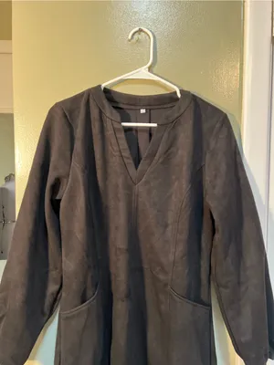 Womens Sz Large Faux Suede Dress Long Sleeve Black V-Neck Pockets Thicker Weight thumbnail 2