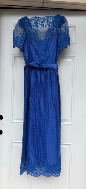 Vintage 70’s blue lace overlay formal fit and flare full length dress thumbnail 1