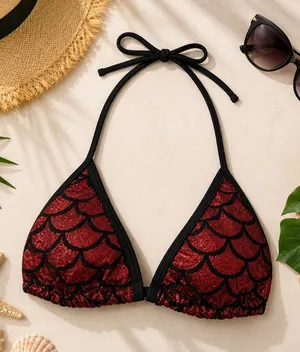 Living Dead Clothing Mermaid Bikini Top | Red Foil Triangle Goth Swimwear thumbnail 1