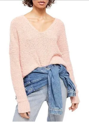 Free People Found My Friend Sweater Womens S Nude Peach Boucle V-Neck OB1010983 thumbnail 1
