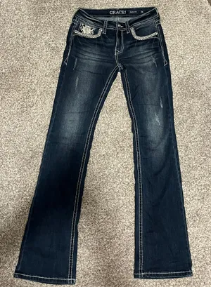GRACE IN LA Mid Rise Medium Wash Aztec Embellished Pocket Bootcut Jeans thumbnail 1