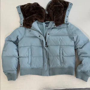 American Eagle Outfitters Blue Puffer Jacket with Brown Fur Lining thumbnail 3