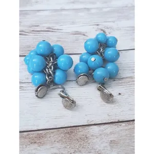 Vintage Clip On Earrings Bright Blue Balls Dangle Large Statement thumbnail 4