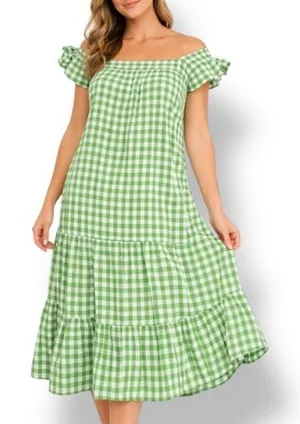 Draper James RSVP Green Gingham Plaid Cotton Midi Dress Ruffle Sleeves Medium‎ thumbnail 1