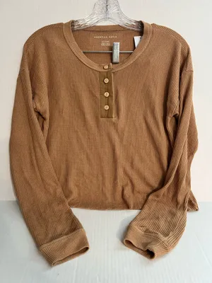 American Eagle Cropped Brown Long Sleeve Henley Top thumbnail 1