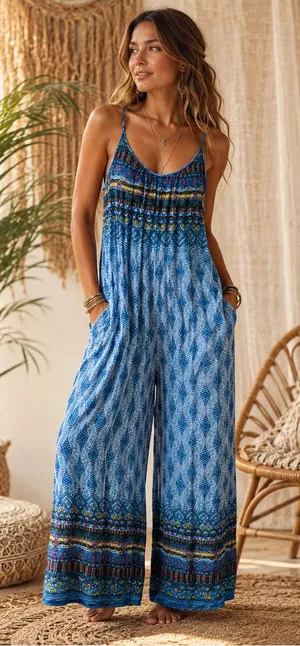 Sacred Threads Wide Leg Sleeveless Jumpsuit Blue Rayon L/XL Large Extra Large thumbnail 1