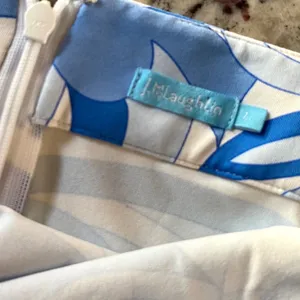 J.McLaughlin Sheath Dress Womens L Blue‎ White Abstract Swirl Preppy V-Neck Mini thumbnail 6
