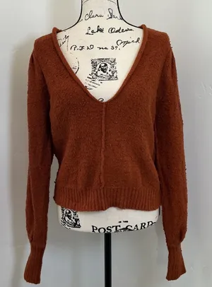 Free People Boucle Knit V-Neck Sweater Rust Orange Puff Sleeve Small Boho Fall thumbnail 1