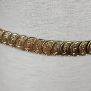 Vintage Gold Tone Embossed Metal Disc Coins Elastic Waist Belt Disco Glam thumbnail 8