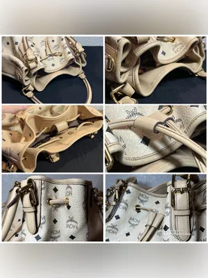 Vintage MCM Cream Visetos Monogram Drawstring Bucket Shoulder Bag Tote thumbnail 6