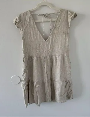 Abercrombie & Fitch Beige Lined Tiered V-Neck Pocket Dress Linen Blend Size S thumbnail 9