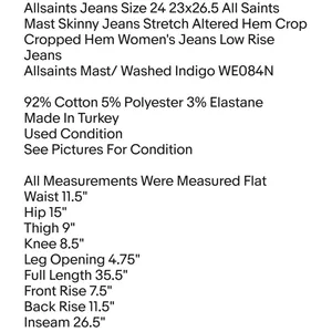 Allsaints Jeans Size 24 23x26.5 All Saints Mast Skinny Jeans Stretch Altered Hem thumbnail 7