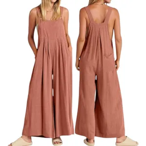 Anrabess S Linen Wide Leg Jumpsuit Rust Orange Boho Summer Overalls Vacationwear thumbnail 3