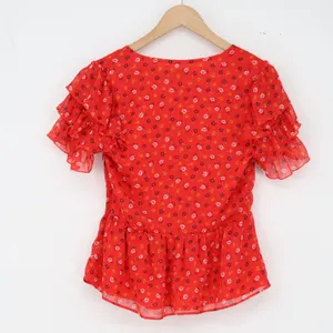 Madewell Top Womens 2 Peplum Wrap Red Floral Ruffle Sleeve Metallic Excellent thumbnail 4