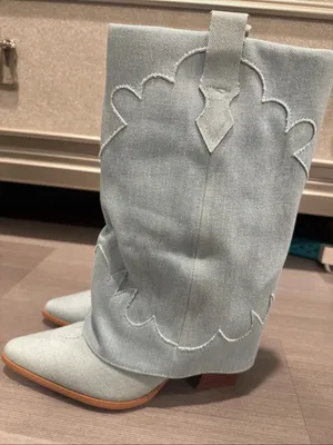 PrettyLittleThing Light Blue Denim Western Ankle Boots thumbnail 1